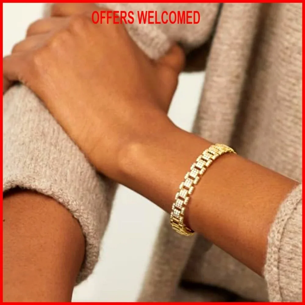 14K Gold Plated Cuff Bracelet, Adjustable Open Bangle, Cubic Zirconia - Picture 4 of 7